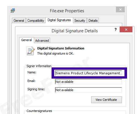 Screenshot of the Siemens Product Lifecycle Management Software Inc. certificate